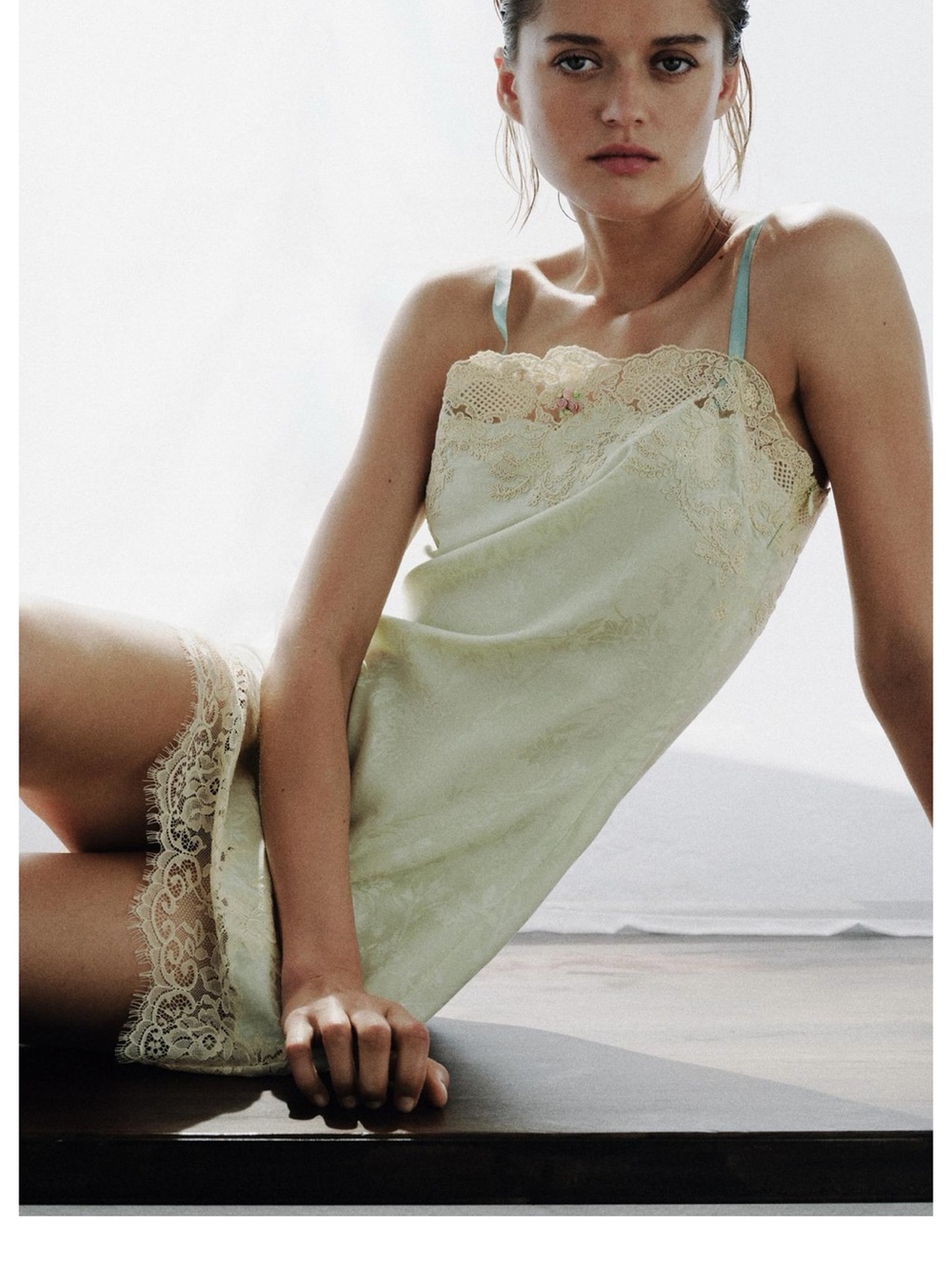 Zara Pale Green and Cream Lace Slip Dress